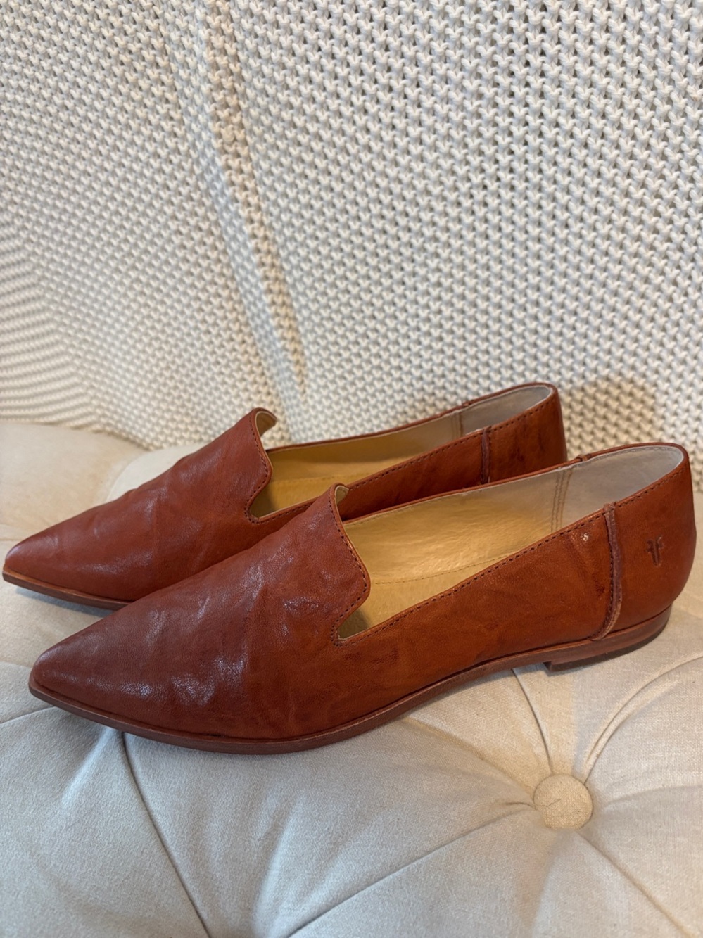 Frye Women's Leather Pointed Slip-On Loafers in Cognac Brown Kenzie Venetian